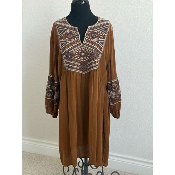 Johnny Was Workshop Molly Jo Paris Embroidered Brown Silk Tunic Dress Large - Picture 5 of 11
